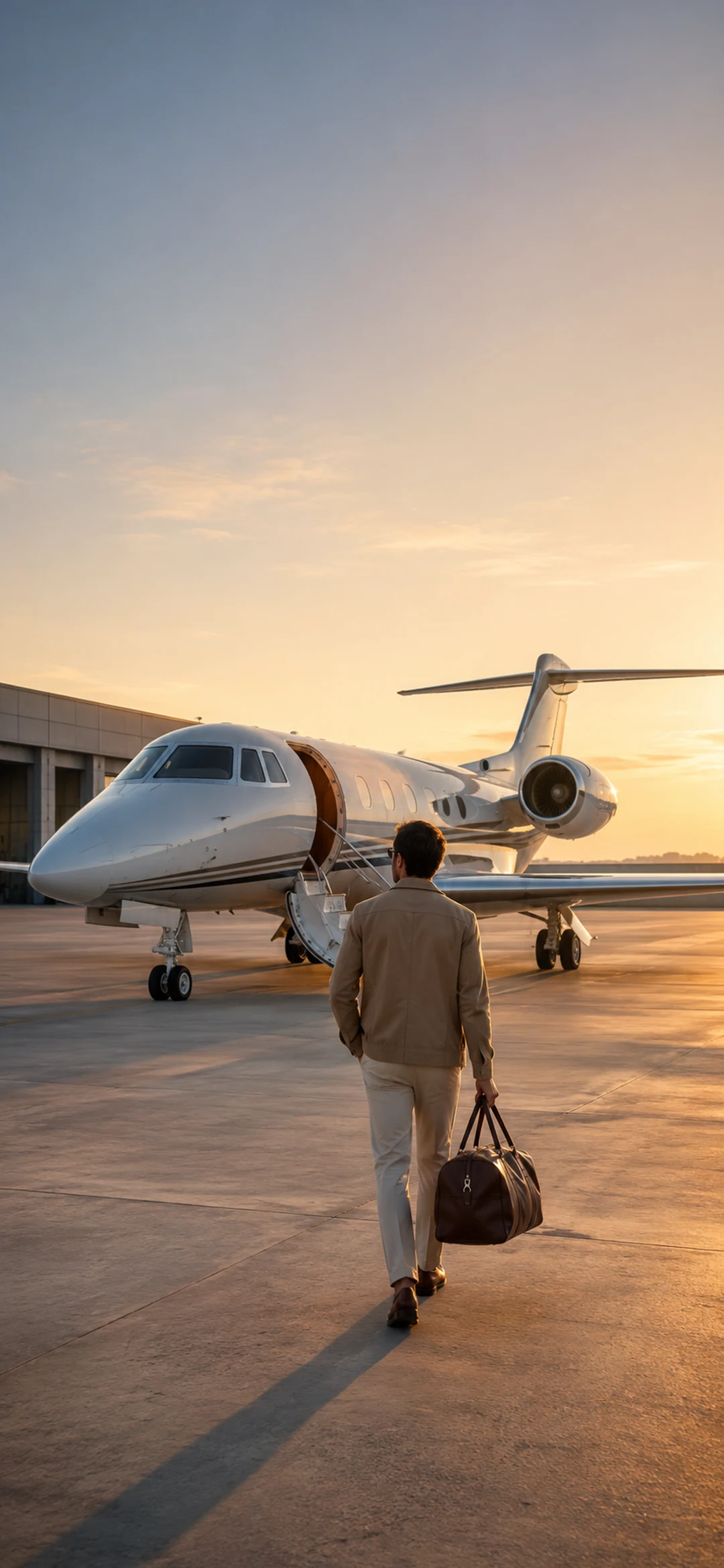 Private jet on a sunlit airfield at golden hour