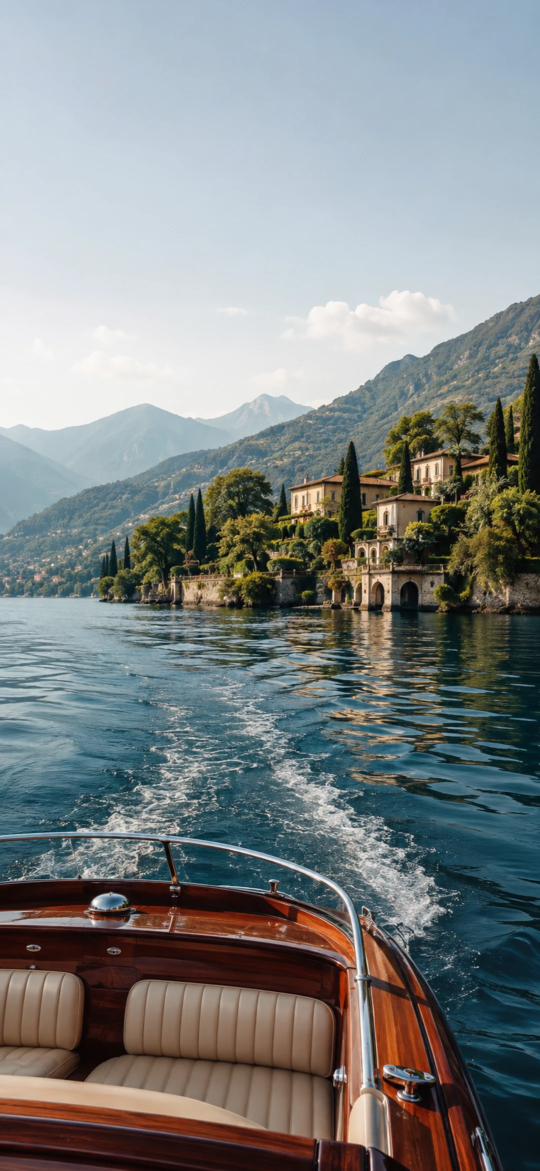 Classic wooden boat on a lake beside a Mediterranean villa