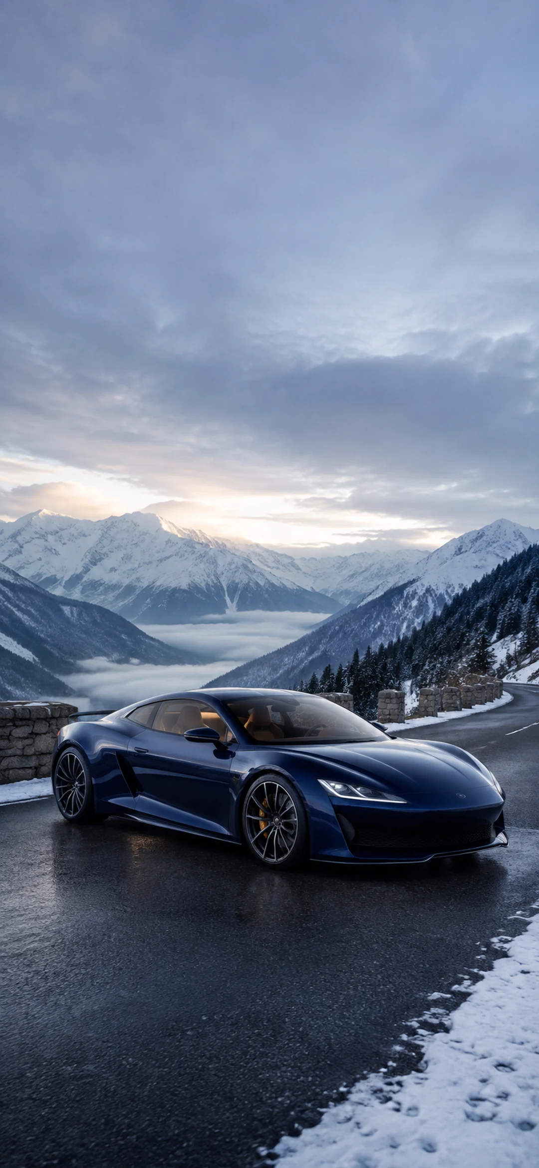 Blue supercar beside a snowy mountain lake