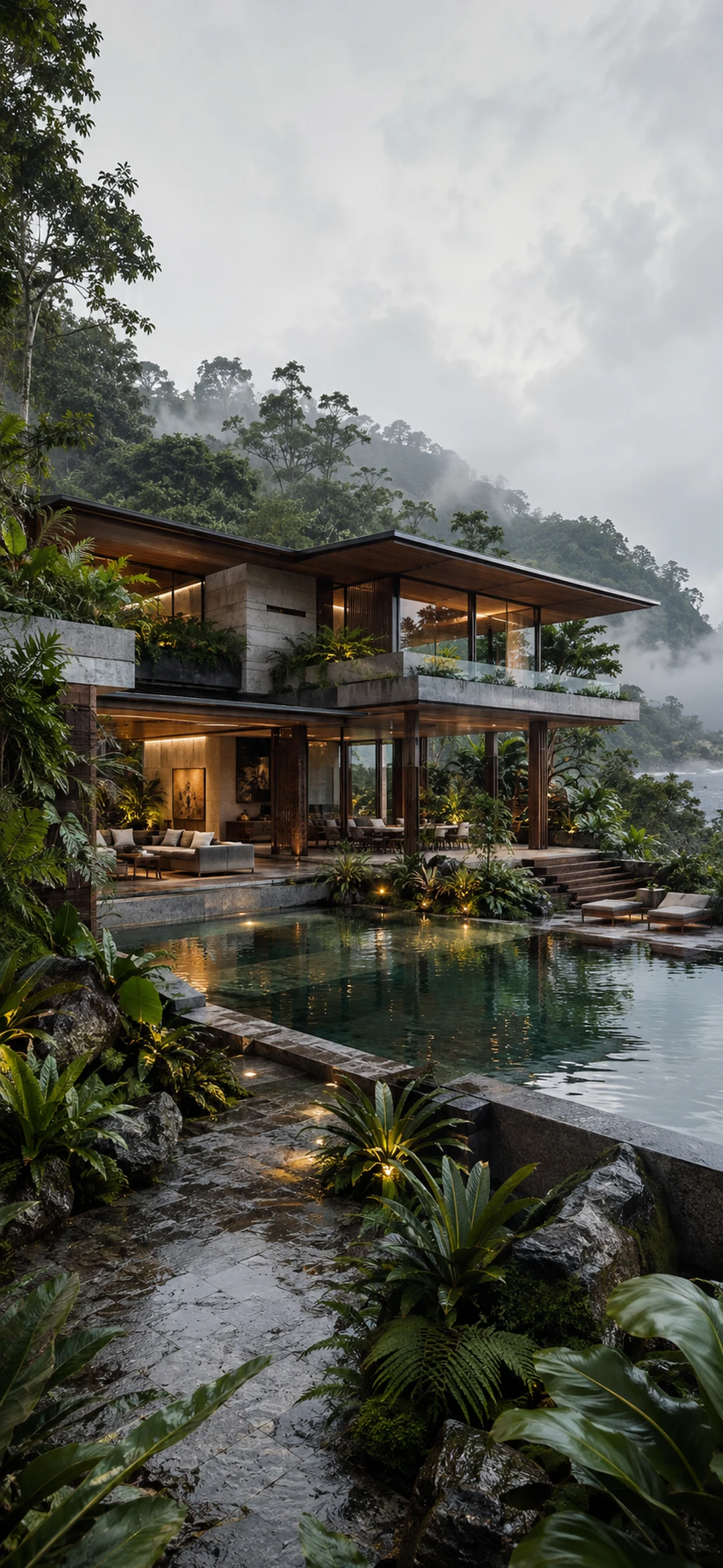 Modern glass villa surrounded by a lush garden