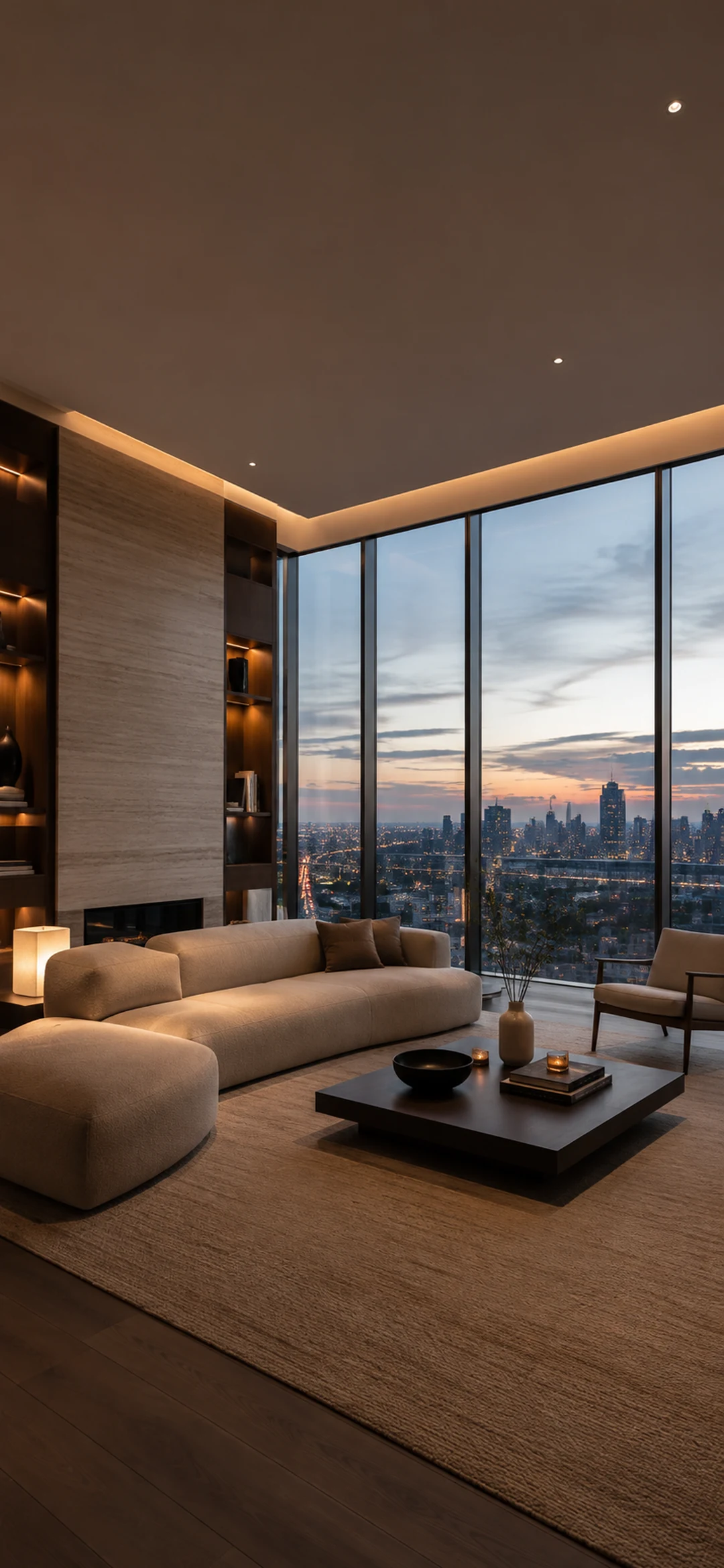 Warm modern living room overlooking a city at sunset