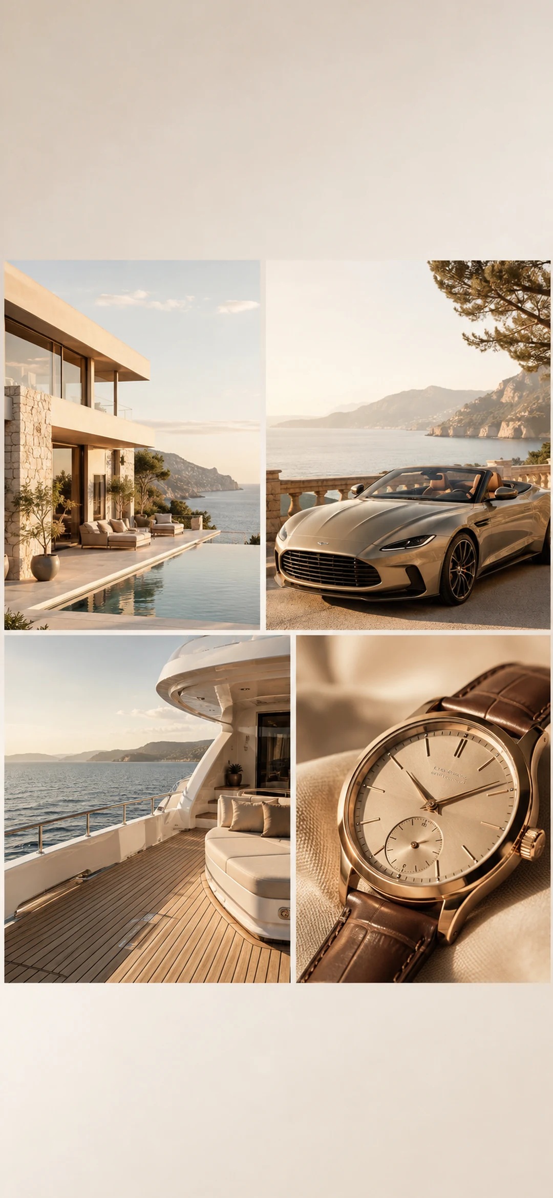Collage of a coastal villa, gold supercar and luxury details